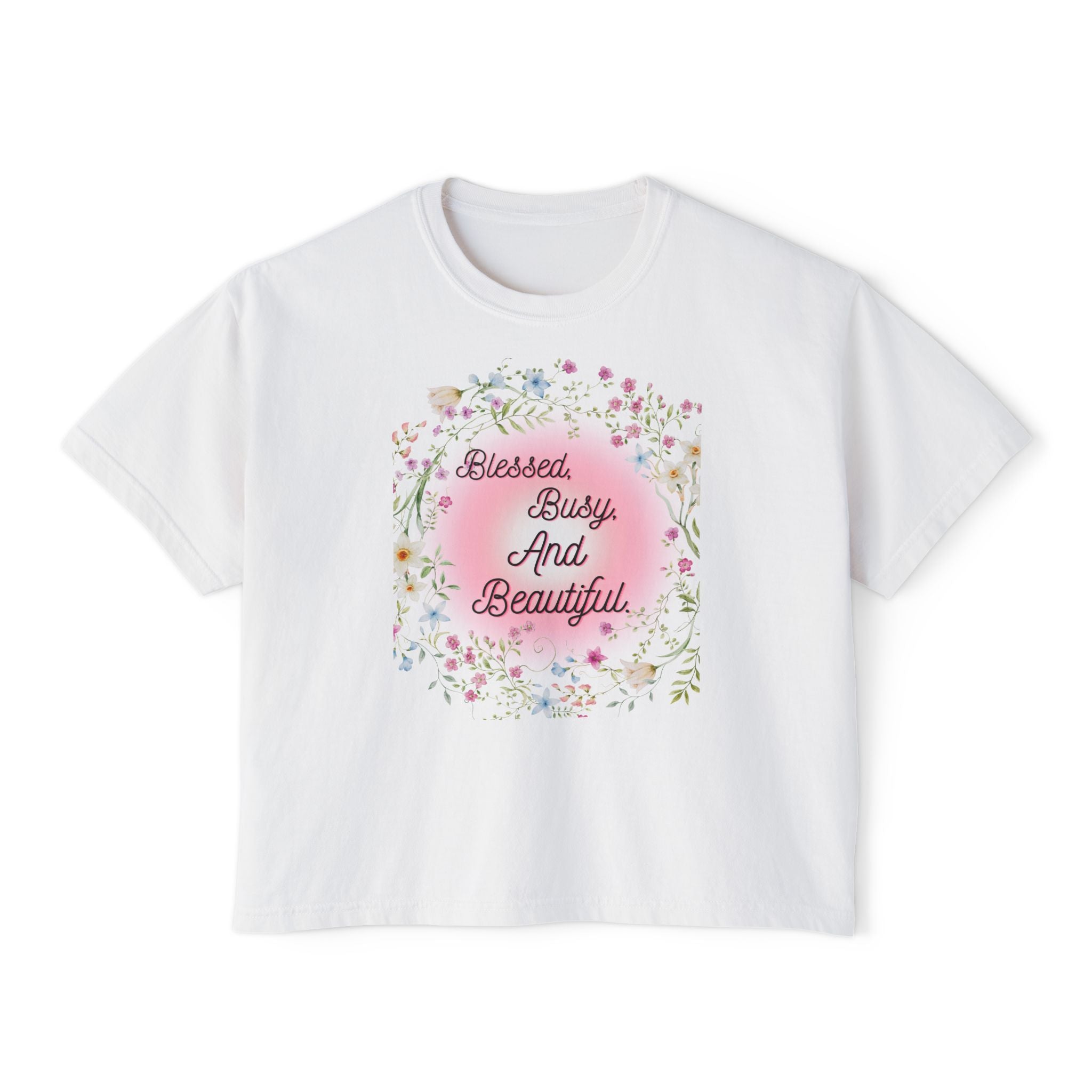 Blessed Busy And Beautiful Floral Boxy Tee — Women’s Casual Graphic Shirt