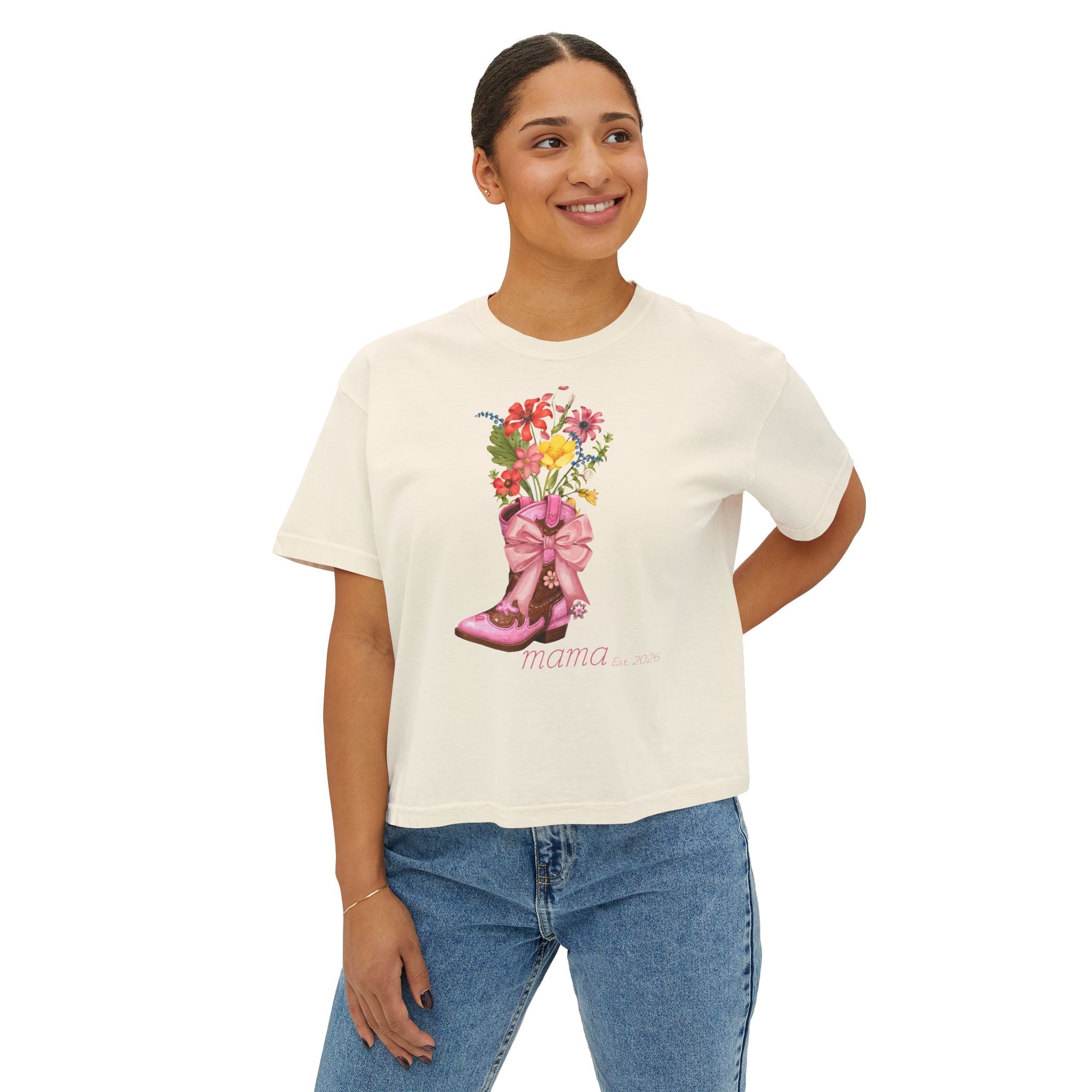 Mama Cowgirl Boxy Tee — Floral Cowboy Boot Graphic