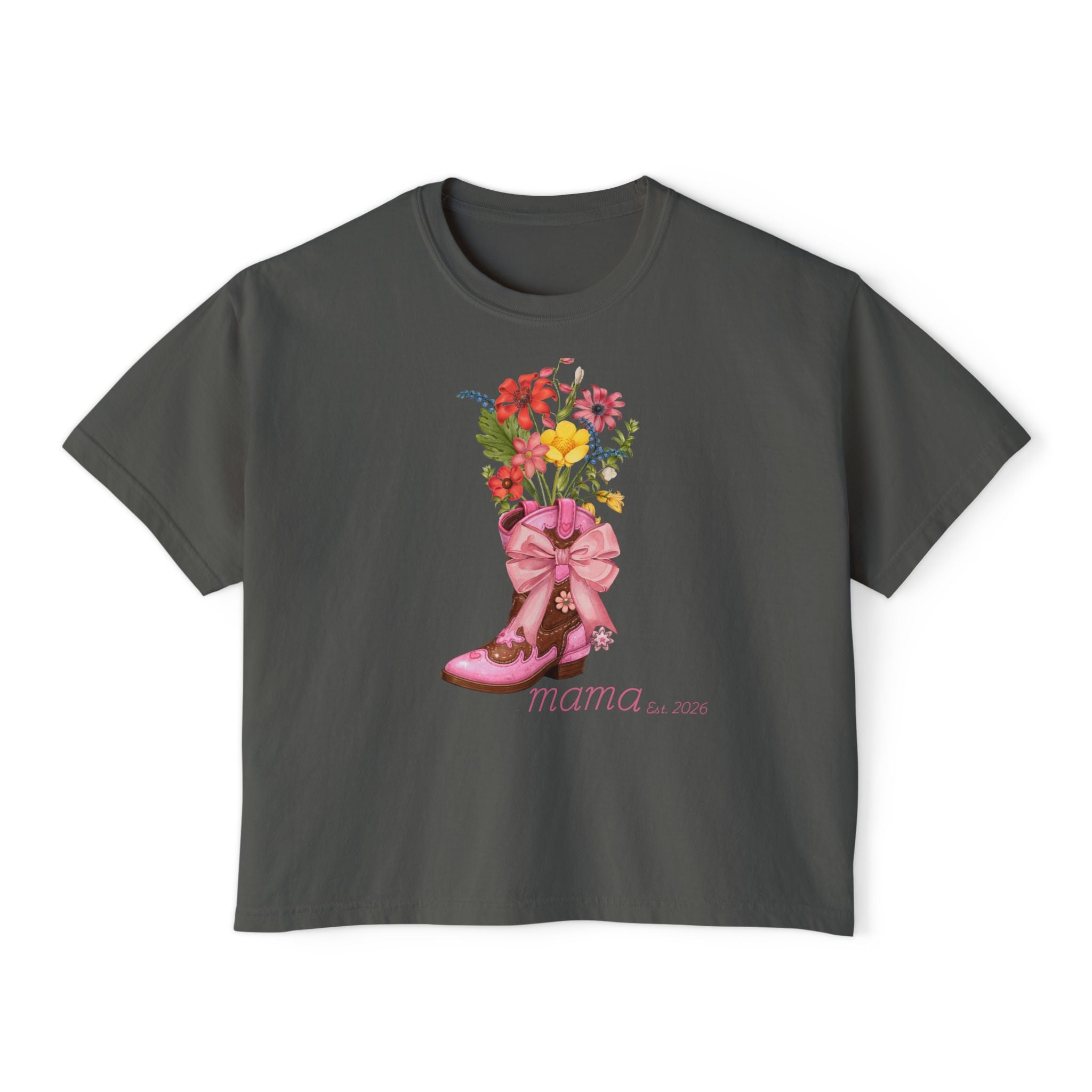 Mama Cowgirl Boxy Tee — Floral Cowboy Boot Graphic