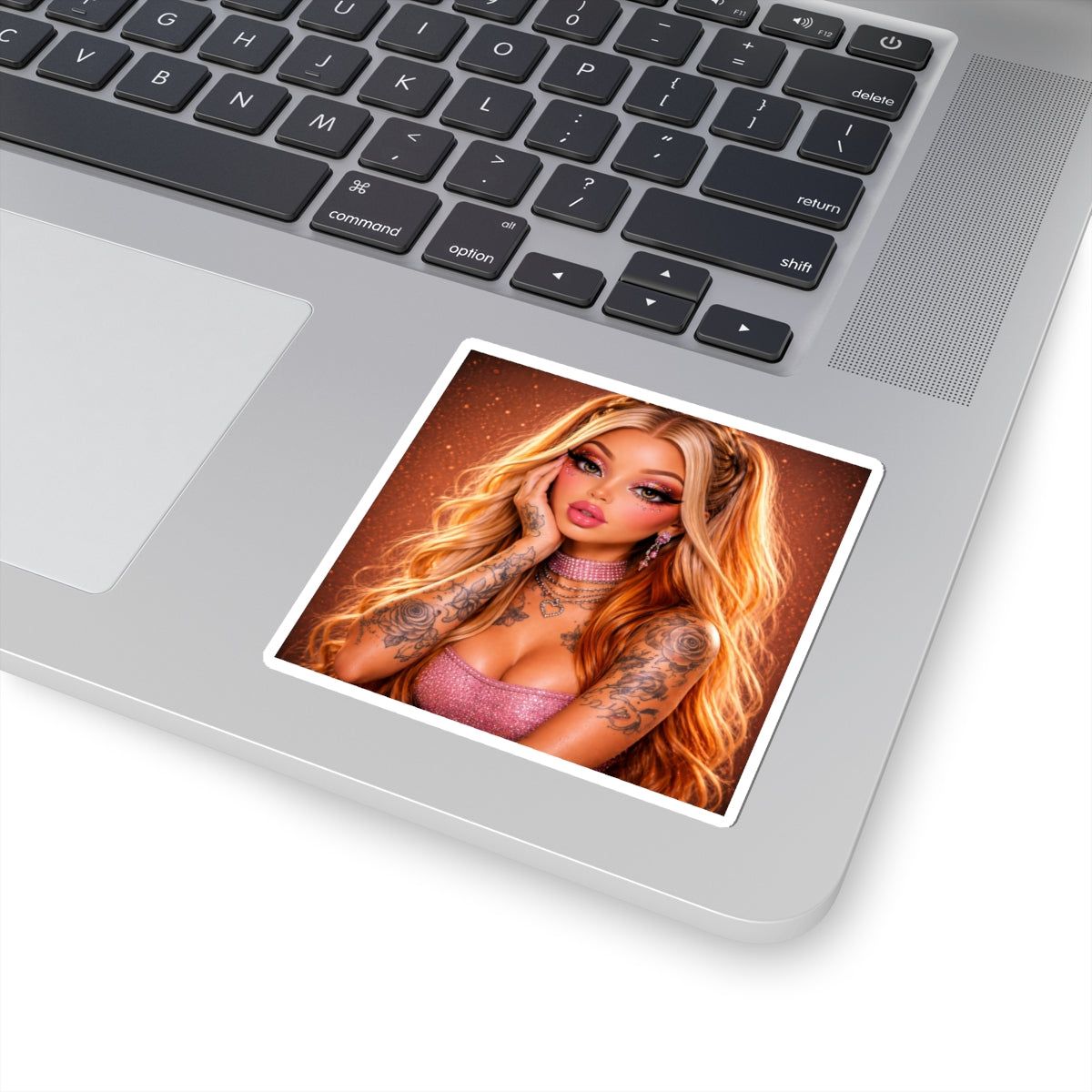 Glam Tattooed Doll Kiss-Cut Sticker — Blonde Girl with Pink Sparkle Choker