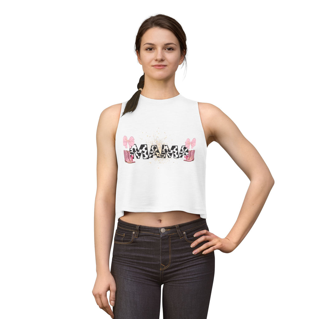 Mama Cow Print Crop Top — Cute Pink Boots & Bows Mother's Day Tee