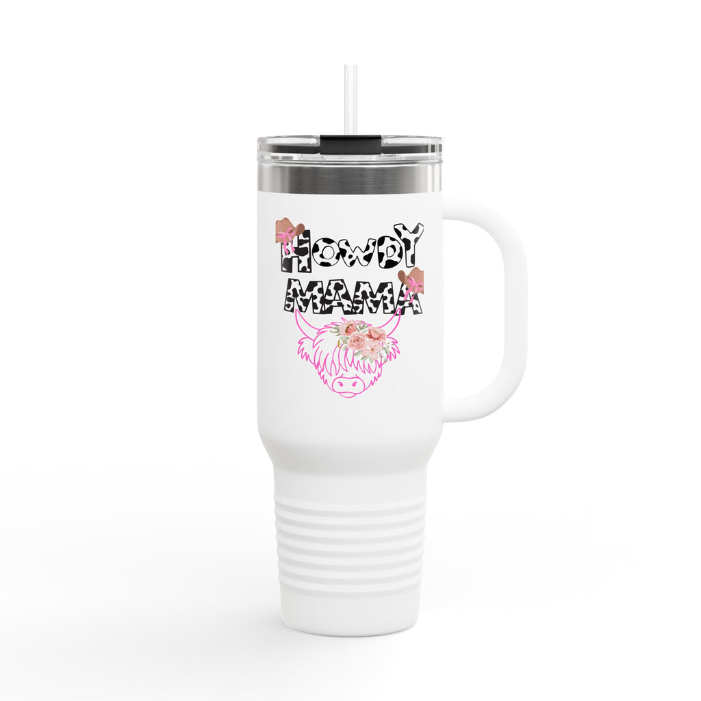 40oz Insulated Travel Mug — “Howdy Mama” Floral Cow Skull Design