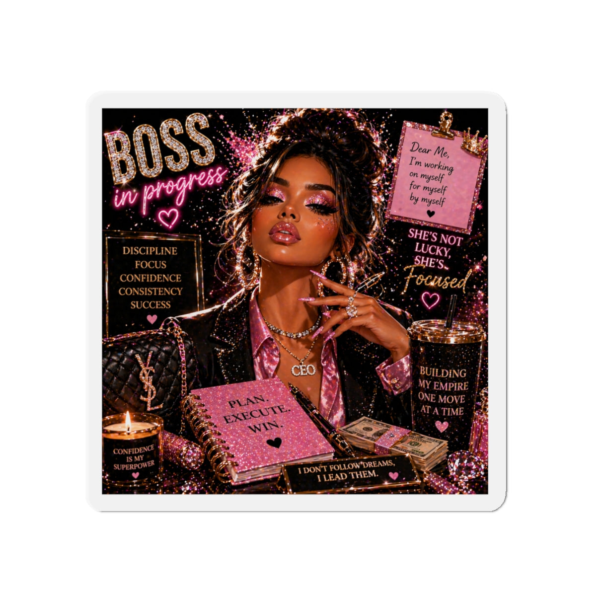 Boss In Progress Die-Cut Magnet — Motivational CEO Pink Glam Fridge Decor