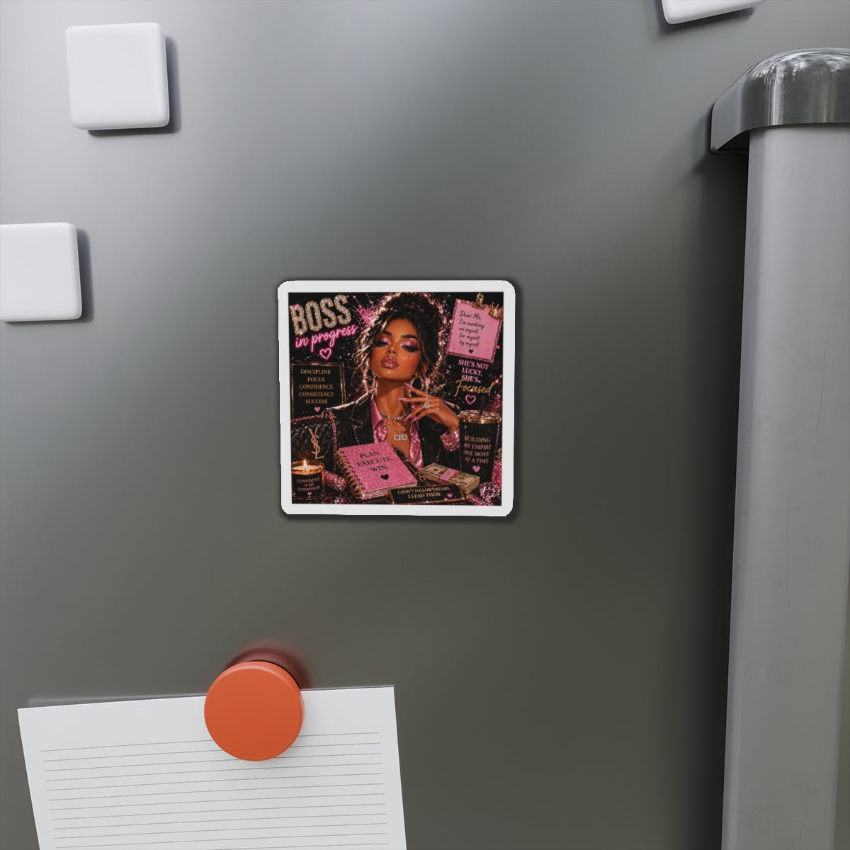 Boss In Progress Die-Cut Magnet — Motivational CEO Pink Glam Fridge Decor