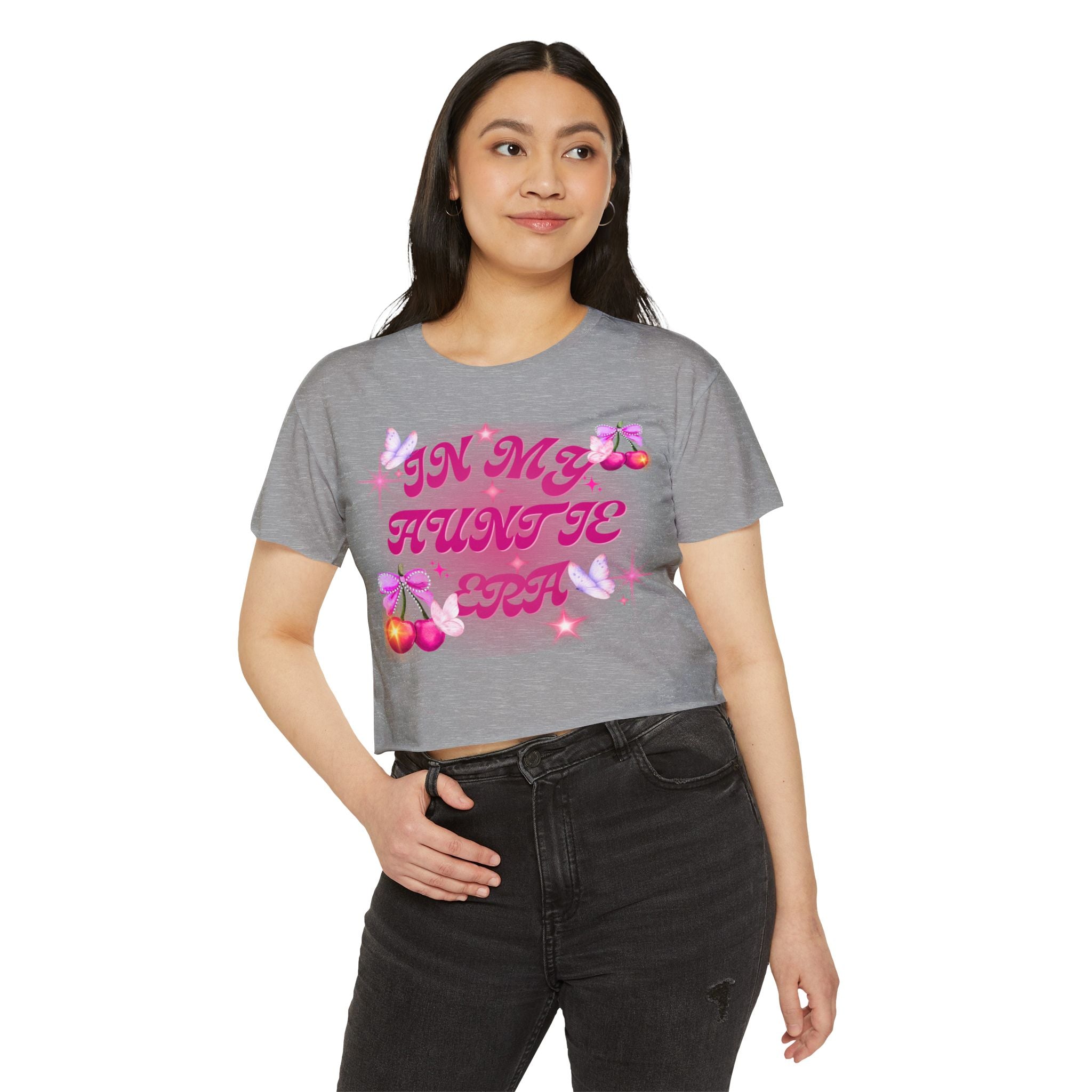 "In My Auntie Era" Women's Festival Crop Top — Cute Y2K Cherry Graphic