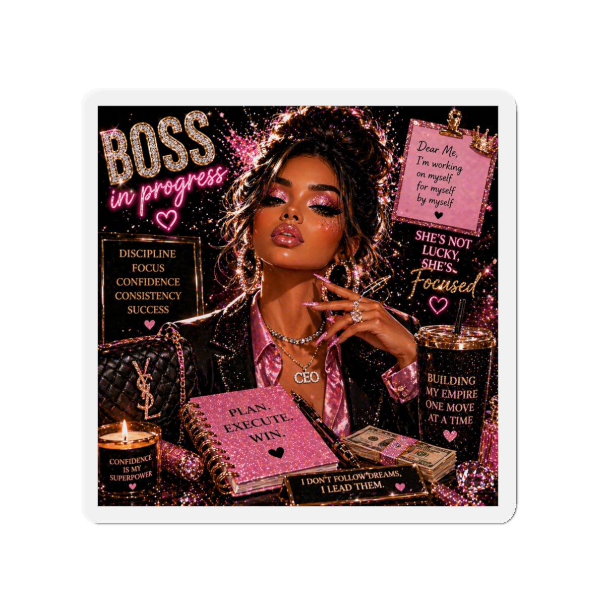 Boss In Progress Die-Cut Magnet — Motivational CEO Pink Glam Fridge Decor