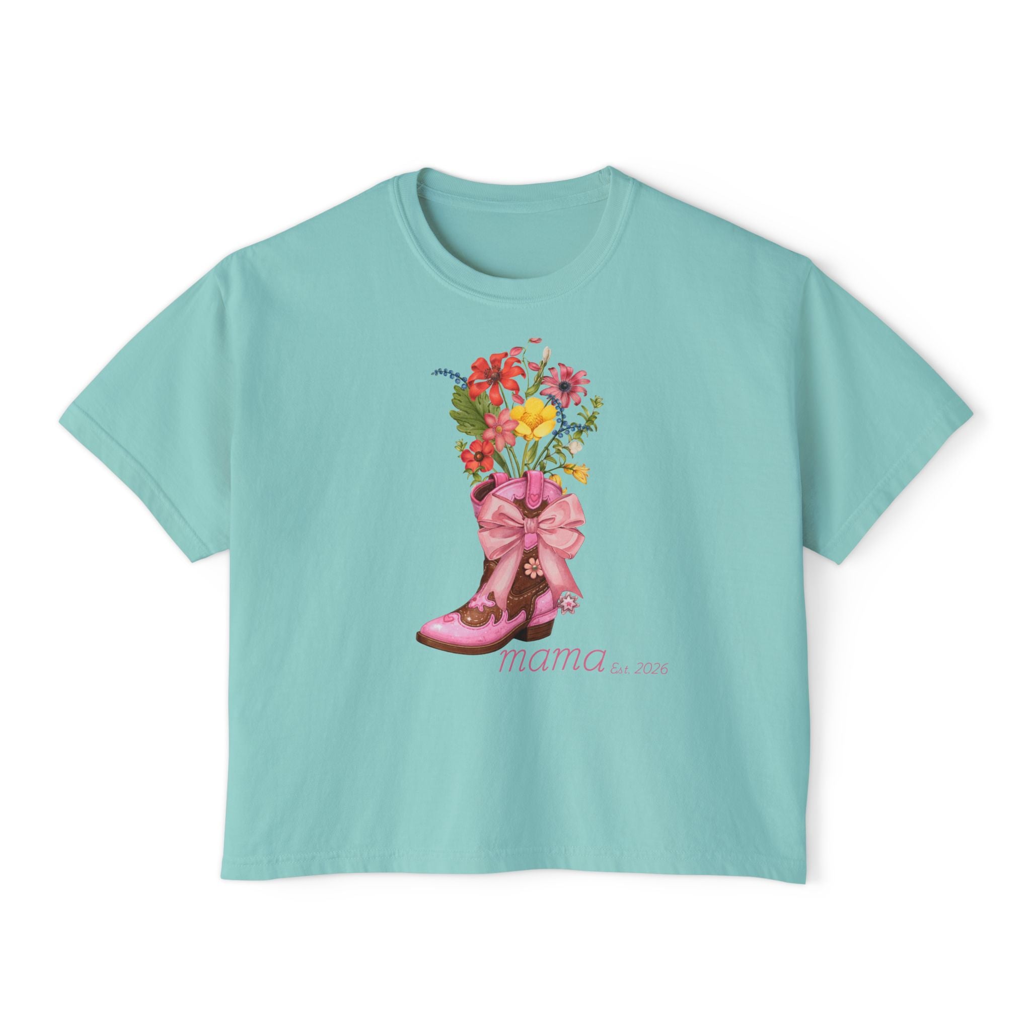 Mama Cowgirl Boxy Tee — Floral Cowboy Boot Graphic