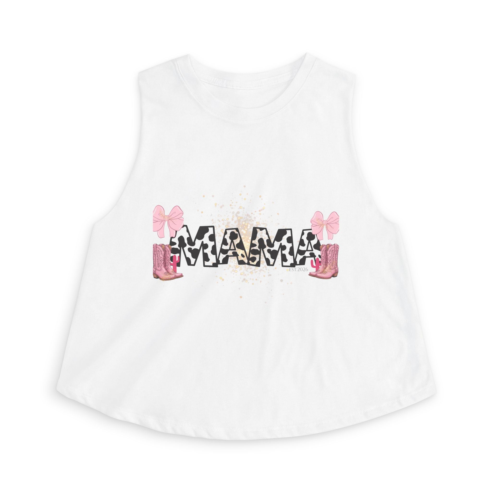 Mama Cow Print Crop Top — Cute Pink Boots & Bows Mother's Day Tee
