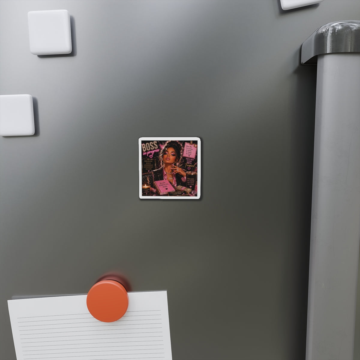 Boss In Progress Die-Cut Magnet — Motivational CEO Pink Glam Fridge Decor