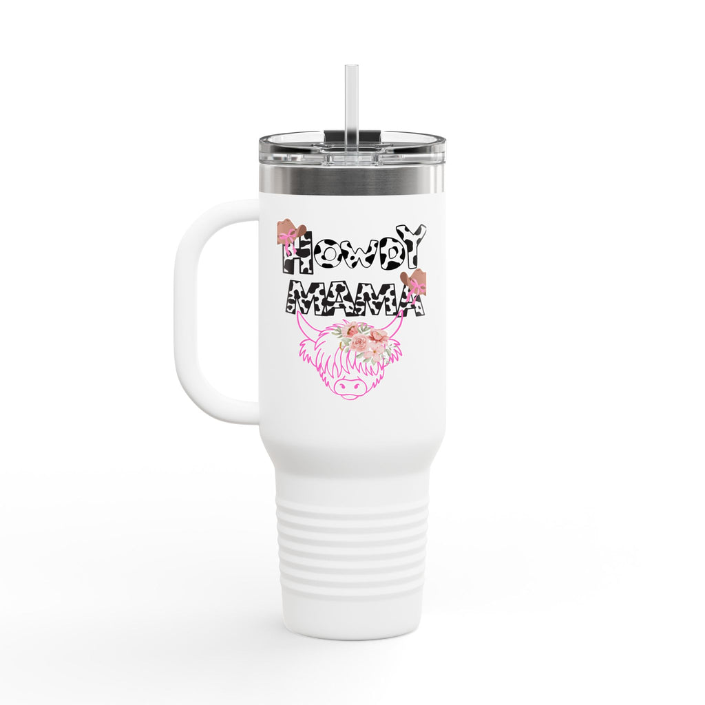 40oz Insulated Travel Mug — “Howdy Mama” Floral Cow Skull Design