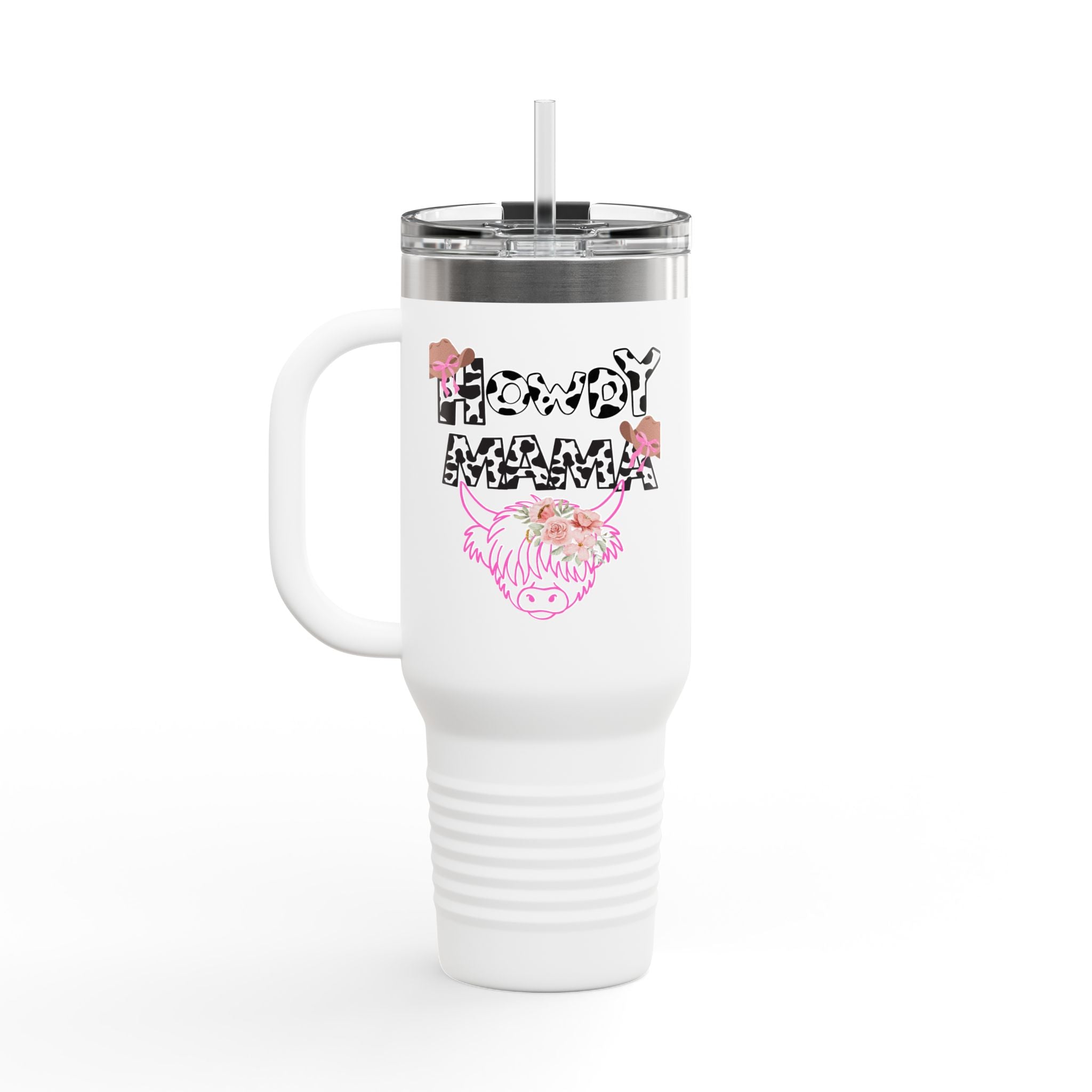 40oz Insulated Travel Mug — “Howdy Mama” Floral Cow Skull Design