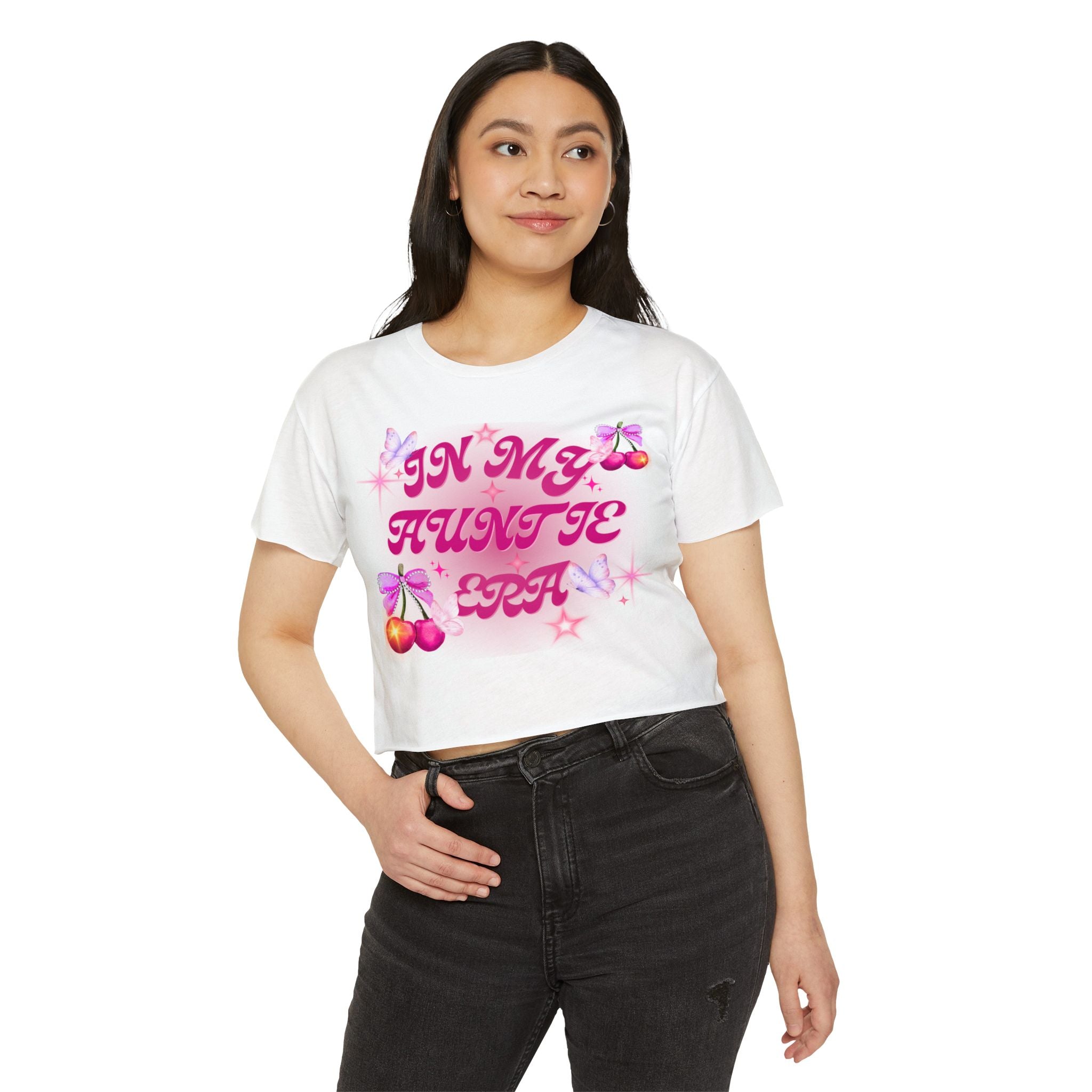 "In My Auntie Era" Women's Festival Crop Top — Cute Y2K Cherry Graphic