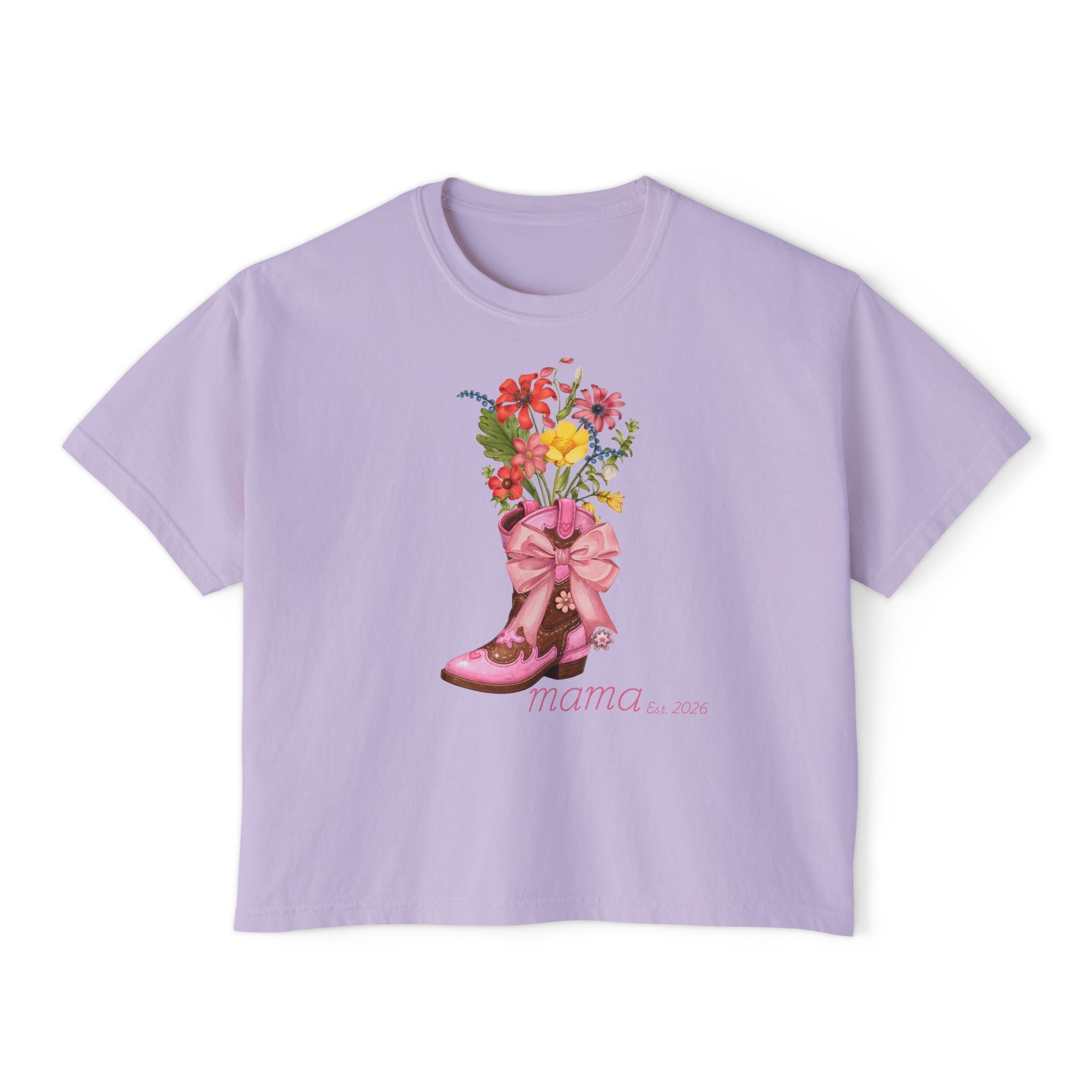 Mama Cowgirl Boxy Tee — Floral Cowboy Boot Graphic