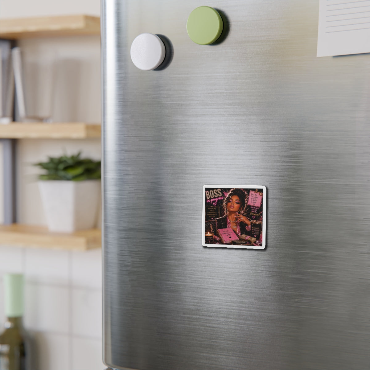 Boss In Progress Die-Cut Magnet — Motivational CEO Pink Glam Fridge Decor