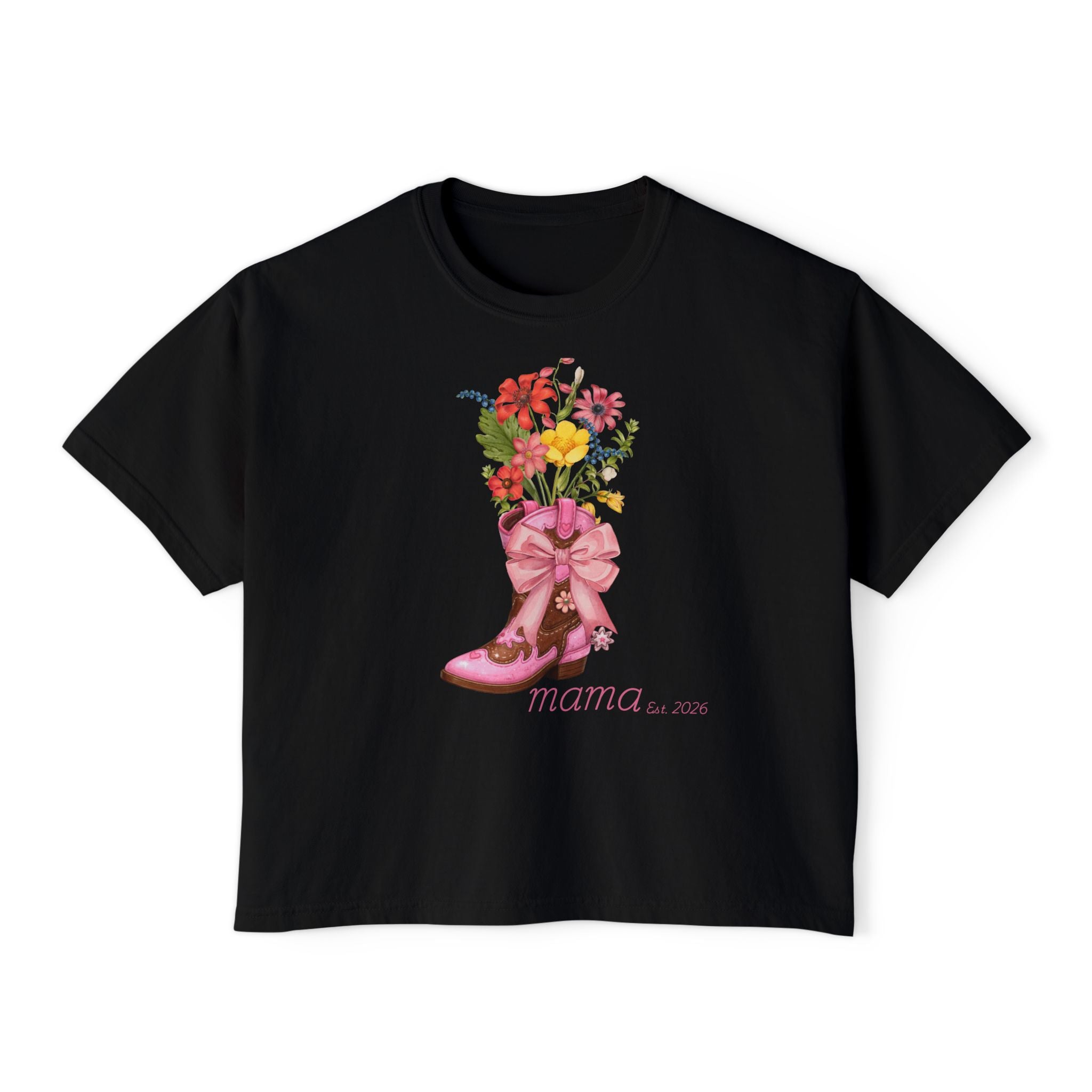 Mama Cowgirl Boxy Tee — Floral Cowboy Boot Graphic