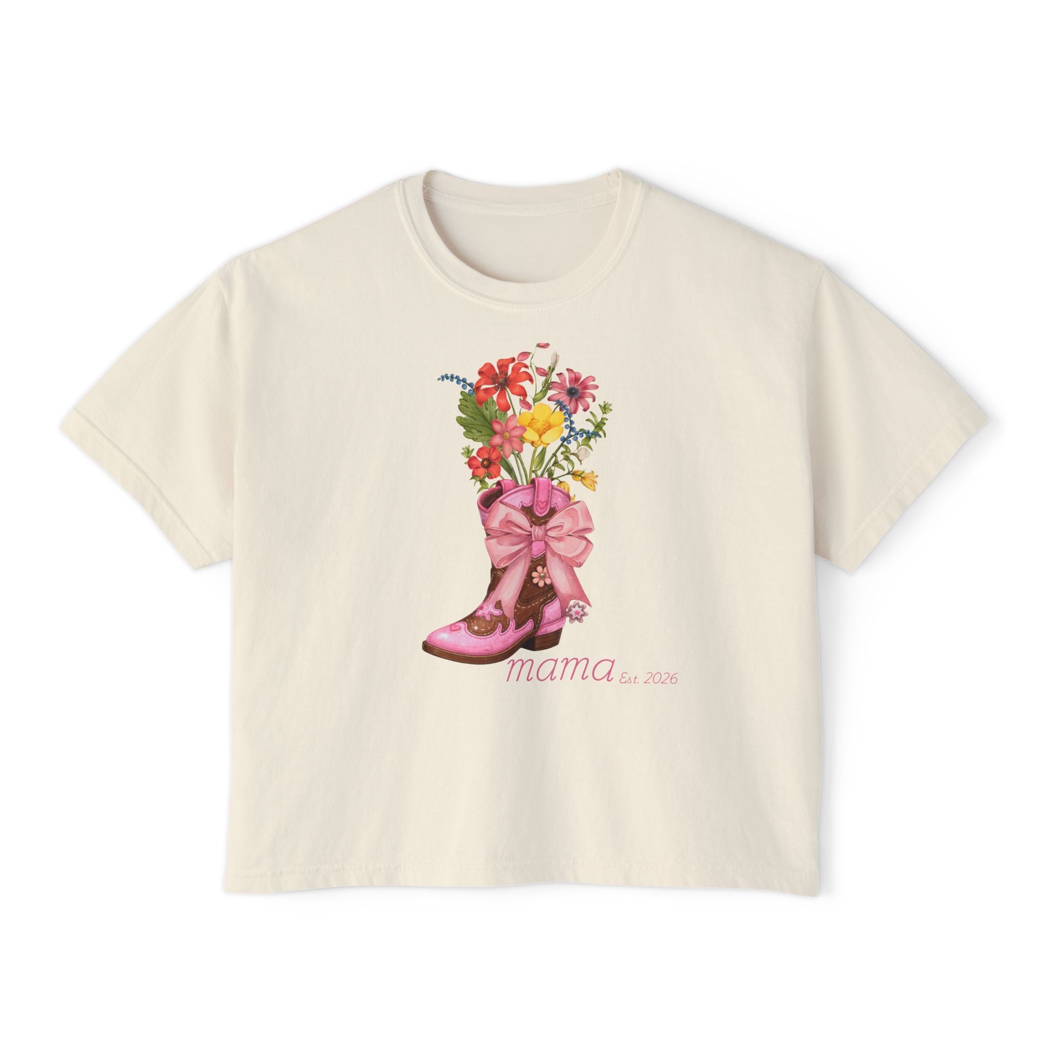 Mama Cowgirl Boxy Tee — Floral Cowboy Boot Graphic
