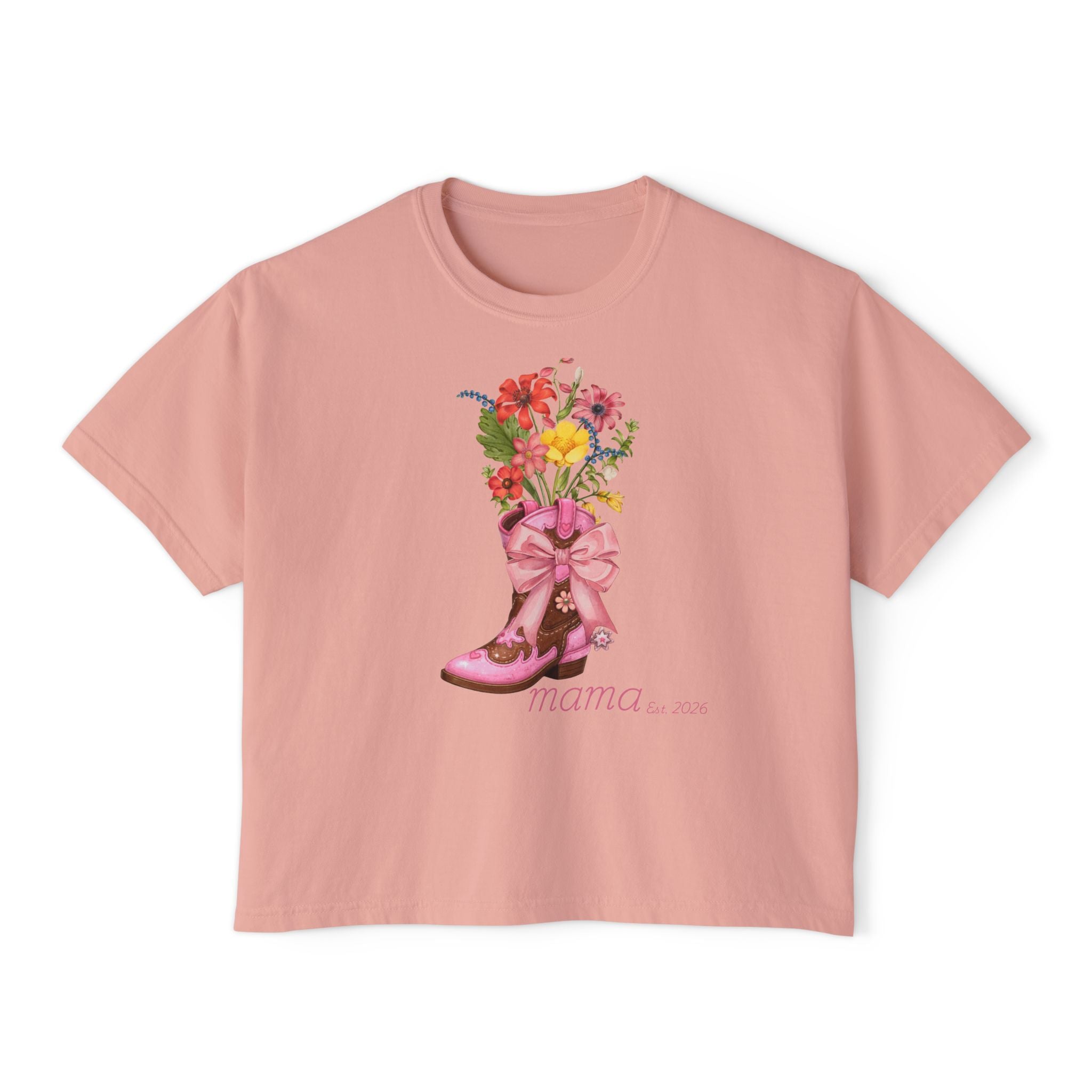 Mama Cowgirl Boxy Tee — Floral Cowboy Boot Graphic