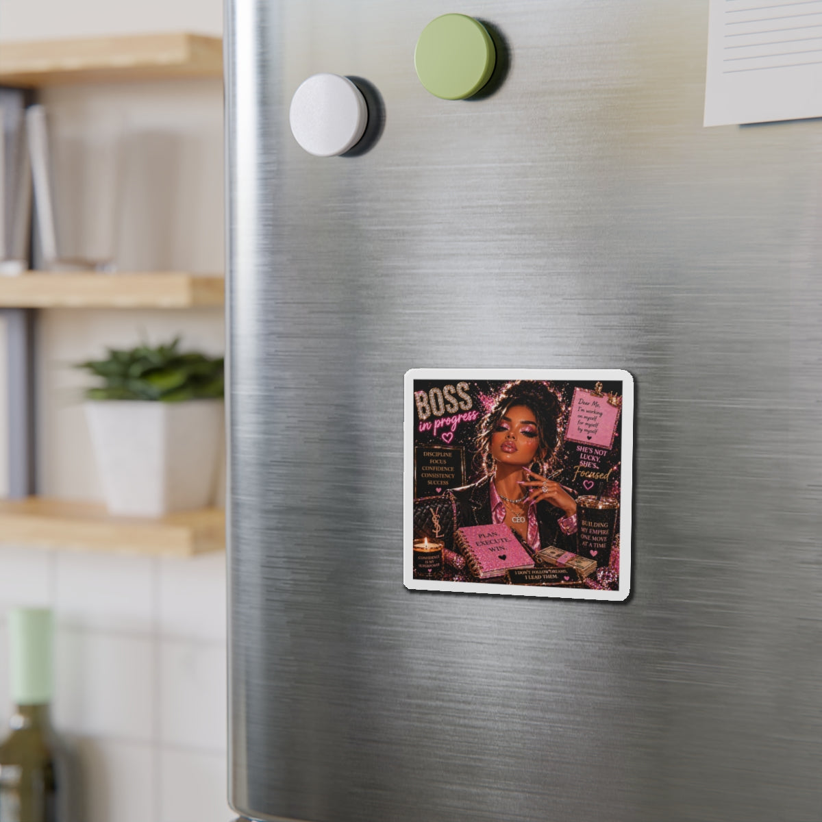 Boss In Progress Die-Cut Magnet — Motivational CEO Pink Glam Fridge Decor