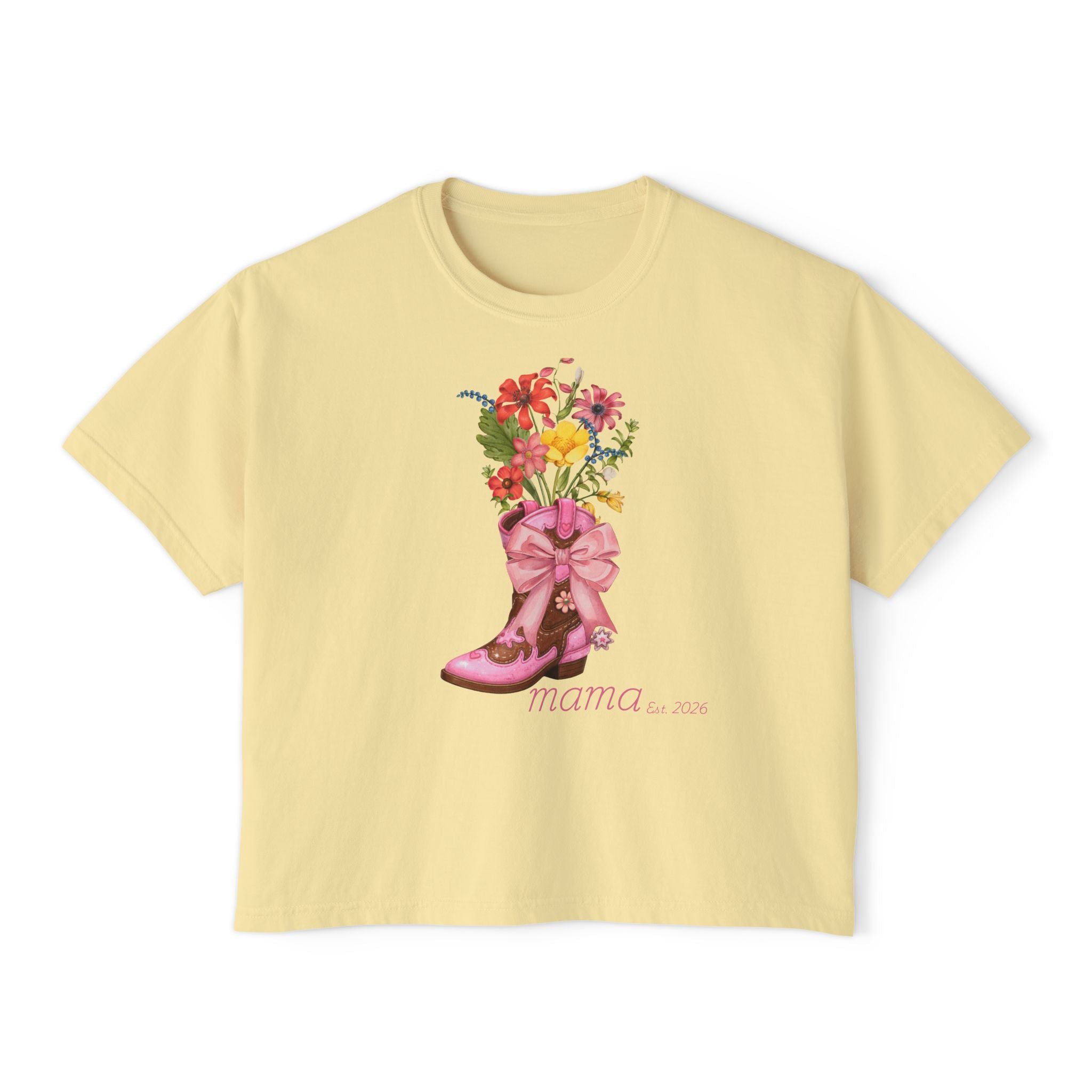 Mama Cowgirl Boxy Tee — Floral Cowboy Boot Graphic